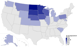 Percent ELCA by state, 2010 Percent of population members of ELCA by state, 2010.svg