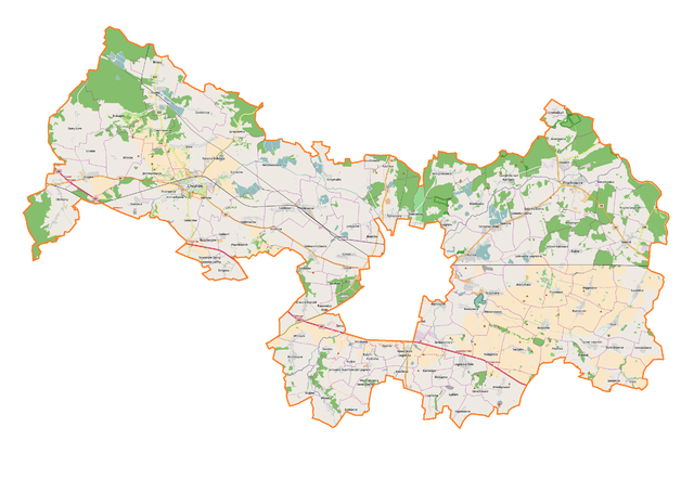 Mapa konturowa powiatu legnickiego, na dole nieco na prawo znajduje się punkt z opisem „Bazylika kolegiacka Podwyższenia Krzyża Świętego i św. Jadwigi Śląskiej w Legnickim Polu-------Sanktuarium św. Jadwigi Śląskiej”