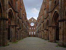 The ruins of a roofless 13-century abbey, the Abbey of San Galgano were used in the filming of 1983's Nostalghia
