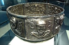 The Gundestrup Cauldron. Found in a bog in Denmark, the cauldron was likely made by Celts in Romania or Bulgaria. Decorated with motifs from Celtic mythology, it is evidence of Celtic-Germanic contact. Silver cauldron.jpg