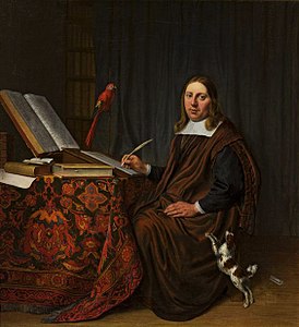 Painting by Hendrik Martenszoon Sorgh, a Dutch scholar sitting with his dog and parrot.