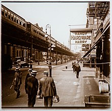 View of the IRT Sixth Avenue Line from the corner of Waverly Place Stereograph of 6th Avenue at Waverly Place in New York City.jpg