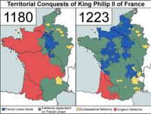 Territorial development under King Philip II between 1180 and 1223 Territorial Conquests of Philip II of France.png