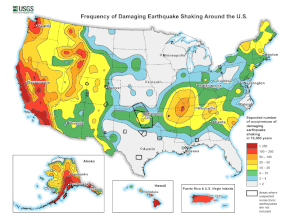 Mapa de "calor" sobre mapa geográfico, representando distribuição da frequência de terremotos.