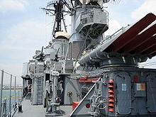 Amidships quintuple mounting for 21 in (53 cm) torpedoes aboard the World War II era destroyer USS Charrette Velos D16 amidships.JPG