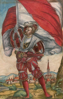 Dessin d'un homme avec de riches habits rouges et blancs, portant un drapeau blanc traversé par une diagonale rouge, avec une ville et la flèche de la cathédrale en arrière-plan.