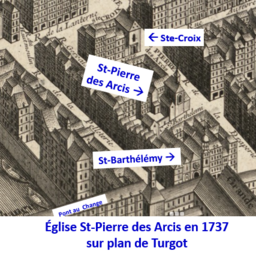 Kyrkorna Sainte-Croix de la Cité, Saint-Pierre-des-Arcis och Saint-Barthélemy på Turgots karta över Paris.