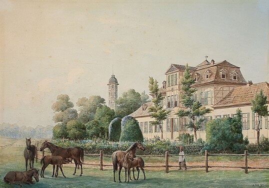 August Friedrich Wilhelm Nothnagel (1822–1899): Jagdschloss "Zum Possen" der Fürsten von Schwarzburg-Sondershausen, 1855. Hier starb Günther Friedrich Carl I. (Schwarzburg-Sondershausen) am 22. April 1837. Hier weilte Kemter oft zu Besuch, wenn sich der Fürst in der wärmeren Jahreszeit hier aufhielt.