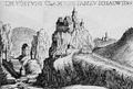 Ansicht der unteren Sperrmauer, der Burg von Klamm, des Schusterlochs (unterhalb der Burg) und der beiden Pulvertürme auf dem Tändlein, Kupferstich, Georg Matthäus Vischer, um 1672