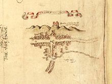 Mapa sa lungsod sa Cavan gikan sa 1591 nga nagpakita sa merkado square ug ang O'Reilly Castle sa TullyMongan Hill