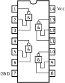 Diagrama de pinos de 7401,[1] 74LS01[1] e 74ALS01[2]