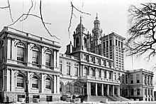 City Hall in the Historic American Buildings Survey with the Manhattan Municipal Building in the background (on the right) City Hall Skewed 120572pv.jpg