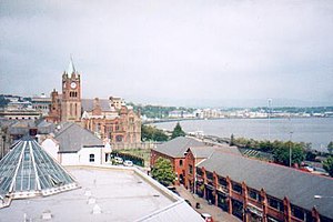 English: Derry Guildhall. Looking over the roo...