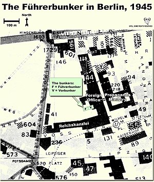 Map showing the locations of the Fuhrerbunker and Vorbunker in Berlin, 1945 FuehrerBunkerBerlinLocation.jpg