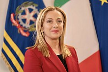Giorgia Meloni, leader of the national-conservative party Brothers of Italy as well as the first female Prime Minister of Italy Giorgia Meloni Official 2023.jpg
