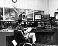HD.6B.434 - Picture of Sodium Iodide Mosaic used to view 3 Billion Electron Volt External Proton Beam from Cosmotron appears on TV screen at remote monitoring station. c. 1957