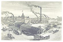 Washburn and Moen Manufacturing Company in Worcester, Massachusetts, 1876 LOSSING(1876) p293 WASHBURN'S & MOEN MANUFACTURING CO., WORCESTER, MA.jpg