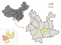 Location of Xinping County (pink) and Yuxi Prefecture (yellow) within Yunnan province of China