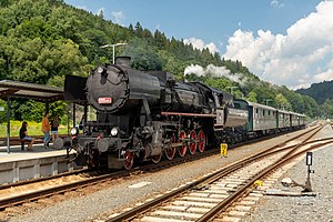 Steam locomotive 555.0153 at the Králický Sněžník train at the Hanušovice train station