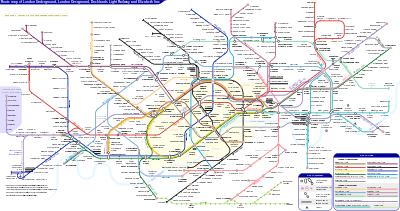 Schematic route maps for public transit systems are examples of topological maps: this tube map of the London Underground and several other passenger railways shows connectivity - i.e. the way in which the various lines connect particular stops and stations, which is the information most relevant to people riding the lines - but is not concerned with correctly depicting the orientation of the stations and is not drawn to scale. London Underground Overground DLR Crossrail map.svg