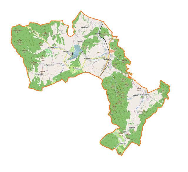 Mapa konturowa gminy Lubawka, blisko centrum u góry znajduje się punkt z opisem „Lubawka”