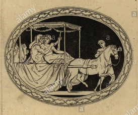 Марк Антоний, одетый как Геракл, едет на колеснице с Киферидой, одетой как Иола.
