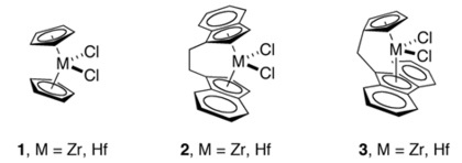 Using metallocene 1 for polymerization of propene gives atactic polypropylene, while C2 symmetric metallocene 2 and Cs symmetric metallocene 3 catalytic systems produce isotactic polymer and syndiotactic polymer, respectively. Metallocenes3.png