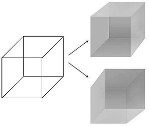 The Necker Cube: The left line drawing can be perceived in one of two distinct depth configurations shown on the right. Without any other cue, the visual system flips back and forth between these two interpretations. NeuralCorrelatesOfConsciousness3.jpg