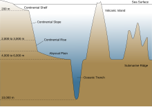 Cross-section of an ocean basin. Note significant vertical exaggeration. Oceanic basin.svg