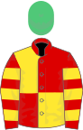 Красно-желтый (четверть), рукава с пяльцами, изумрудно-зеленая кепка