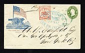 Wells Fargo & Co. $2 stamp and 10 cents stamped envelope with Pony Express cancellation, carried from San Francisco to New York City in 12 days, during June 1861 Pony Express 1861.jpg