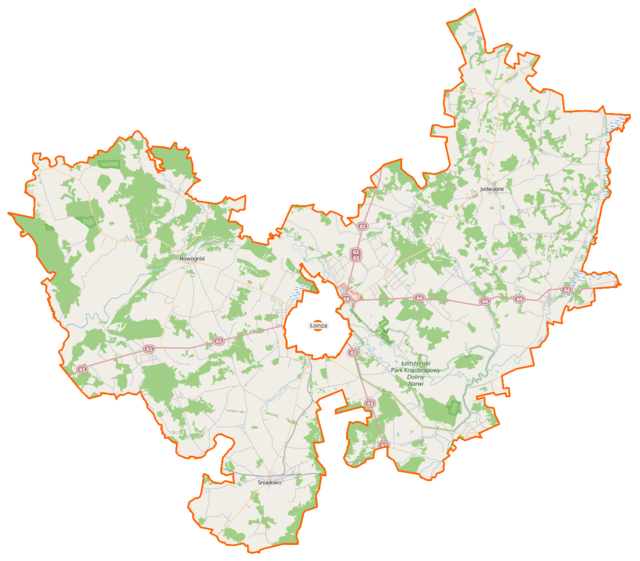 Mapa konturowa powiatu łomżyńskiego, po lewej znajduje się punkt z opisem „Nowogród”