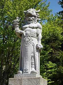 Statue of the Slavic god Radegast on Mount Radhost, made by the sculptor Albin Polasek. It is object of pilgrimage and worship for local Rodnovers, who also believe that its temporary removal for restoration in 2002 caused the flood which hit Moravia that year. Radegast v lete.jpg