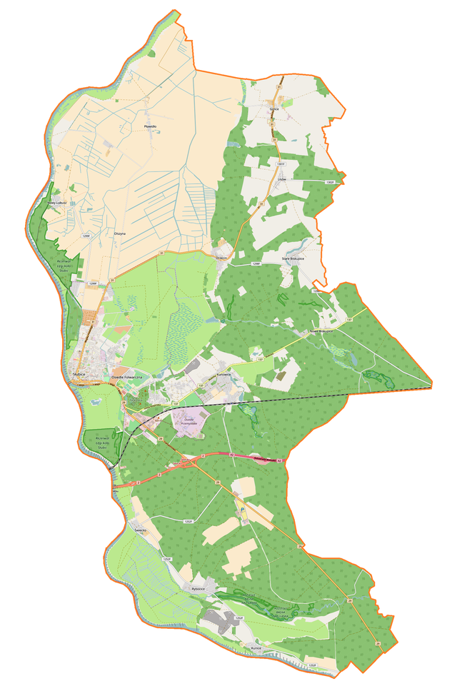 Mapa konturowa gminy Słubice, po lewej znajduje się punkt z opisem „Słubice”