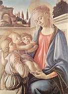 波提切利的《抱子圣母与天使（英语：Virgin and Child with Two Angels (Botticelli, Naples)）》，100 × 71cm，约作于1465－1469年，来自法尔内塞家族的藏品[10]