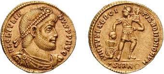 Solidus des Julian um das Jahr 361, auf der Rückseite wird die militärische Stärke des römischen Imperiums dargestellt