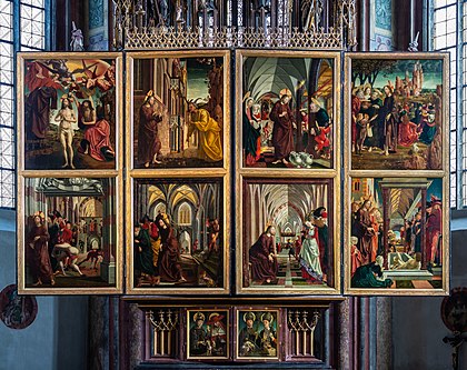 Retábulo de São Wolfgang na igreja paroquial e de peregrinação de Sankt Wolfgang im Salzkammergut, Alta Áustria. Obra realizada por Michael Pacher, 1471–1479 (definição 5 027 × 3 982)