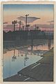 Abend bei den Holzhöfen von Kiba (1920), Holzschnitt, von Kawase Hasui