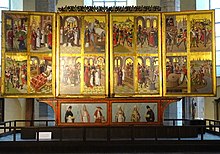 A polyptych altarpiece, workshop of the Lubeck master Hermen Rode in 1478-1481, at the High Altar of St. Nicholas Church in Tallinn, Estonia. Tallinn Niguliste Museum Reredos 01.jpg