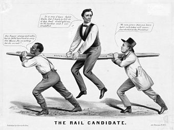 "The Rail Candidate," Lincoln's 1860 candidacy is held up by slavery issue (slave on left) and party organization (New York Tribune editor Horace Greeley on right)