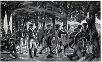Angličtí dělostřelci v bitvě u Palásí 23. června 1757.