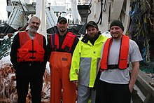 Trawl fishermen wearing personal flotation devices in a January 2009 trial Trawl fishermen personal flotation devices.jpg