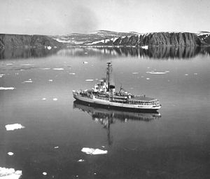 USCGC Westwind near Cape Atholl, Greenland, returning from Arctic cruise (1964).