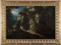 Wooded Mountain Landscape with Waterfall and Travellers by Gysbrecht Leytens