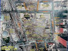 The World Trade Center site, called Ground Zero, with an overlay showing the original buildings' locations World Trade Center Site After 9-11 Attacks With Original Building Locations.jpg
