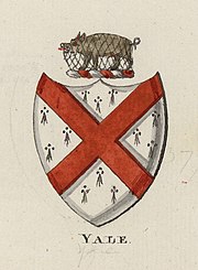 Coat of arms of the family of Elihu Yale, after whom the university was named in 1718 Yale family chrest.jpg