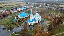 Aerial view of the Church of Cosmas and Damian in Gorodishche