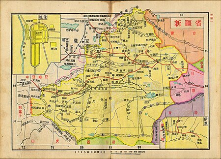 1936年的中华民国新疆省地图，显示以空喀山口为边界。