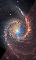 NGC 1566 en ultraviolet, à droite, par le télescope Hubble et en infrarouge par le télescope spatial James Webb.