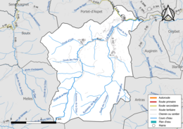 Carte en couleur présentant les réseau hydrographique de la commune